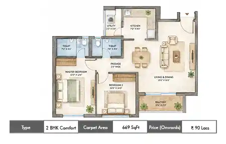Purva Emerald Bay 2 BHK floor plan, 669 sq ft carpet area